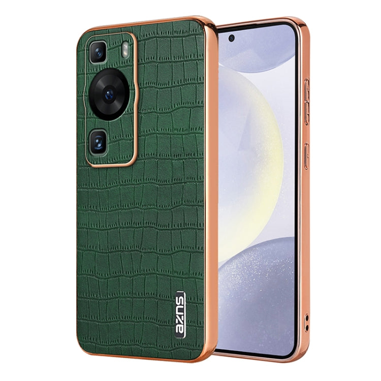 For Huawei P60 / P60 Pro AZNS Electroplated Frame Crocodile Texture Full Coverage Phone Case(Green) by AZNS