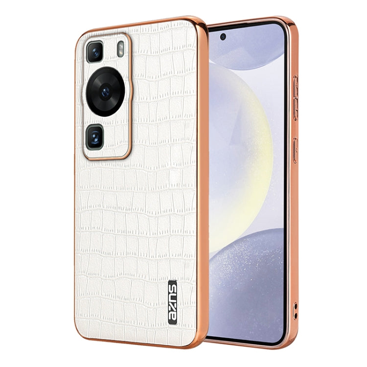 For Huawei P60 / P60 Pro AZNS Electroplated Frame Crocodile Texture Full Coverage Phone Case(White) by AZNS