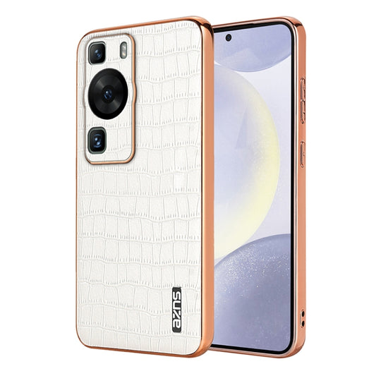 For Huawei P60 / P60 Pro AZNS Electroplated Frame Crocodile Texture Full Coverage Phone Case(White) by AZNS
