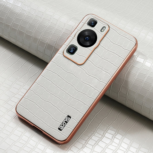 For Huawei P60 / P60 Pro AZNS Electroplated Frame Crocodile Texture Full Coverage Phone Case(White) by AZNS