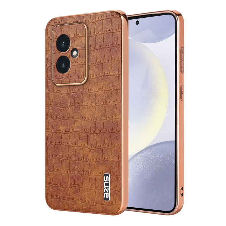 For Honor 100 AZNS Electroplated Frame Crocodile Texture Full Coverage Phone Case(Brown) by AZNS