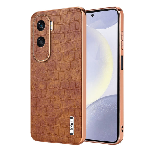 For Honor X50i / 90 Lite AZNS Electroplated Frame Crocodile Texture Full Coverage Phone Case(Brown) by AZNS