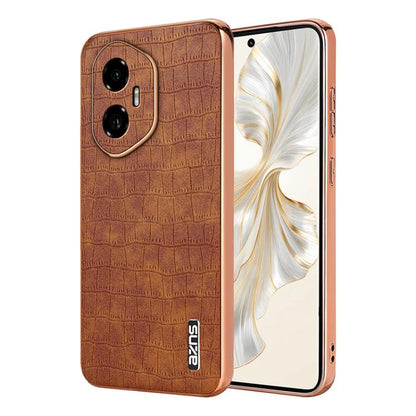 For Honor 300 AZNS Electroplated Frame Crocodile Texture Full Coverage Phone Case(Brown) by AZNS