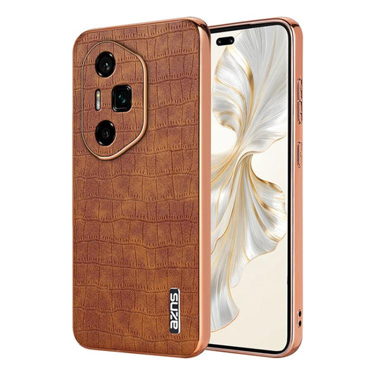 For Honor 300 Ultra AZNS Electroplated Frame Crocodile Texture Full Coverage Phone Case(Brown) by AZNS