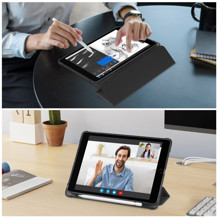 For iPad 10.2 2021 / 2020 / 2019 Tri-fold Holder TPU Cover Frosted Leather Smart Tablet Case withh Pen Slot(Black) by bashfashion