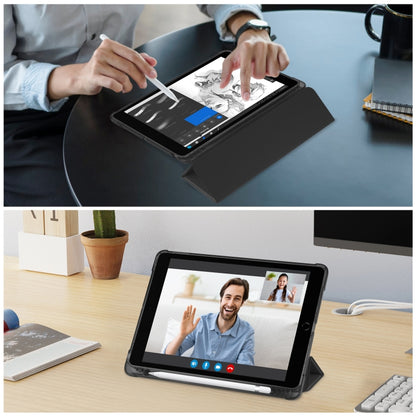 For iPad 10.2 2021 / 2020 / 2019 Tri-fold Holder TPU Cover Frosted Leather Smart Tablet Case withh Pen Slot(Black) by bashfashion