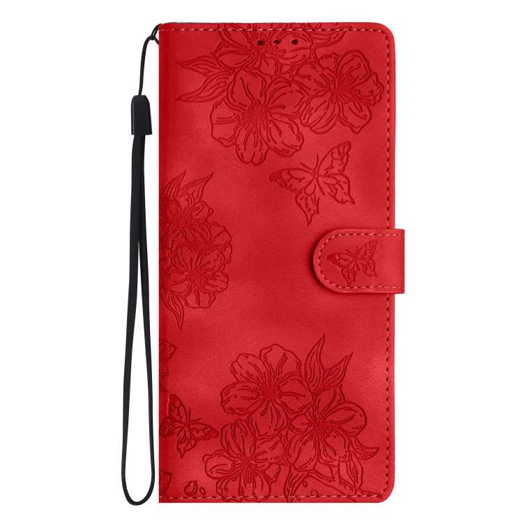 For iPhone 16e Cherry Blossom Butterfly Skin Feel Embossed PU Phone Case(Red) by bashfashion