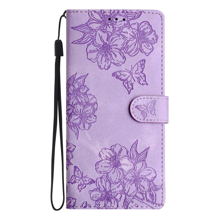 For iPhone 16e Cherry Blossom Butterfly Skin Feel Embossed PU Phone Case(Purple) by bashfashion