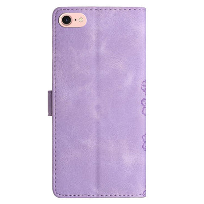For iPhone 16e Cherry Blossom Butterfly Skin Feel Embossed PU Phone Case(Purple) by bashfashion
