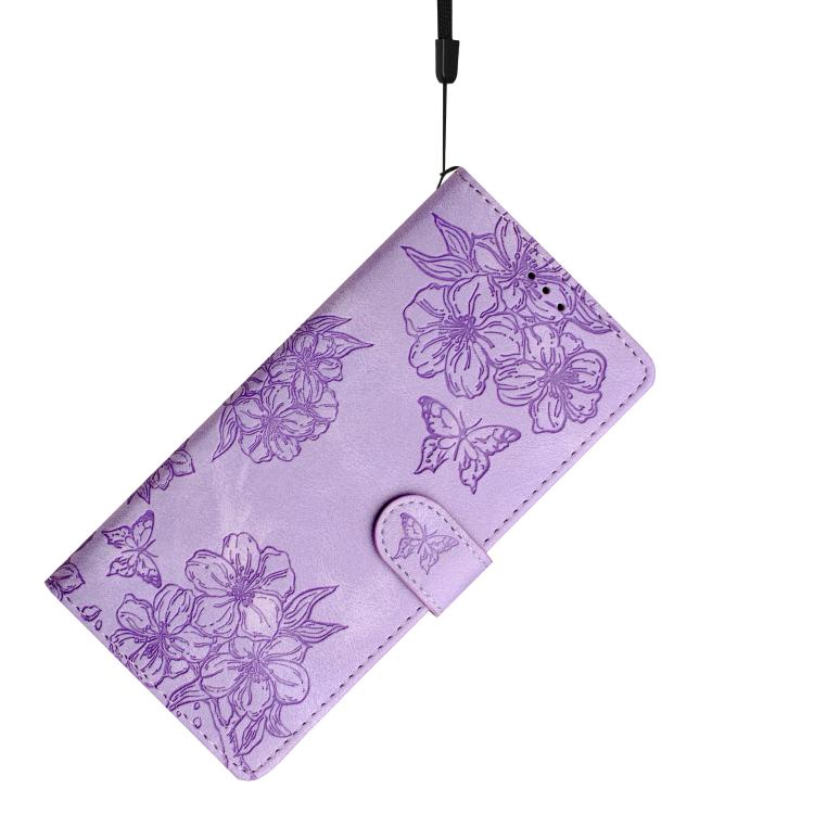 For iPhone 16e Cherry Blossom Butterfly Skin Feel Embossed PU Phone Case(Purple) by bashfashion