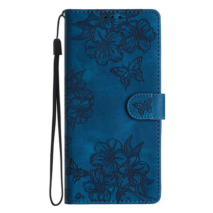 For iPhone 16e Cherry Blossom Butterfly Skin Feel Embossed PU Phone Case(Blue) by bashfashion