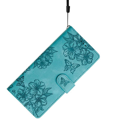 For iPhone 16e Cherry Blossom Butterfly Skin Feel Embossed PU Phone Case(Green) by bashfashion