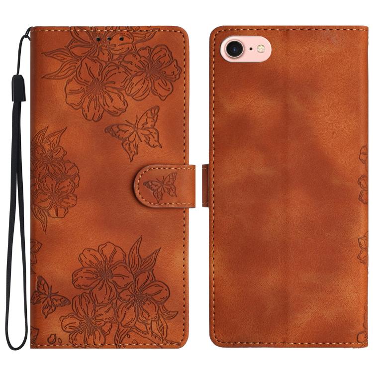 For iPhone 16e Cherry Blossom Butterfly Skin Feel Embossed PU Phone Case(Brown) by bashfashion