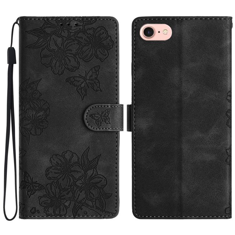 For iPhone 16e Cherry Blossom Butterfly Skin Feel Embossed PU Phone Case(Black) by bashfashion