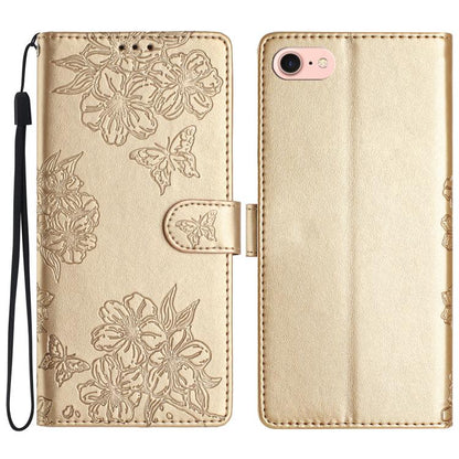 For iPhone 16e Cherry Blossom Butterfly Skin Feel Embossed PU Phone Case(Gold) by bashfashion