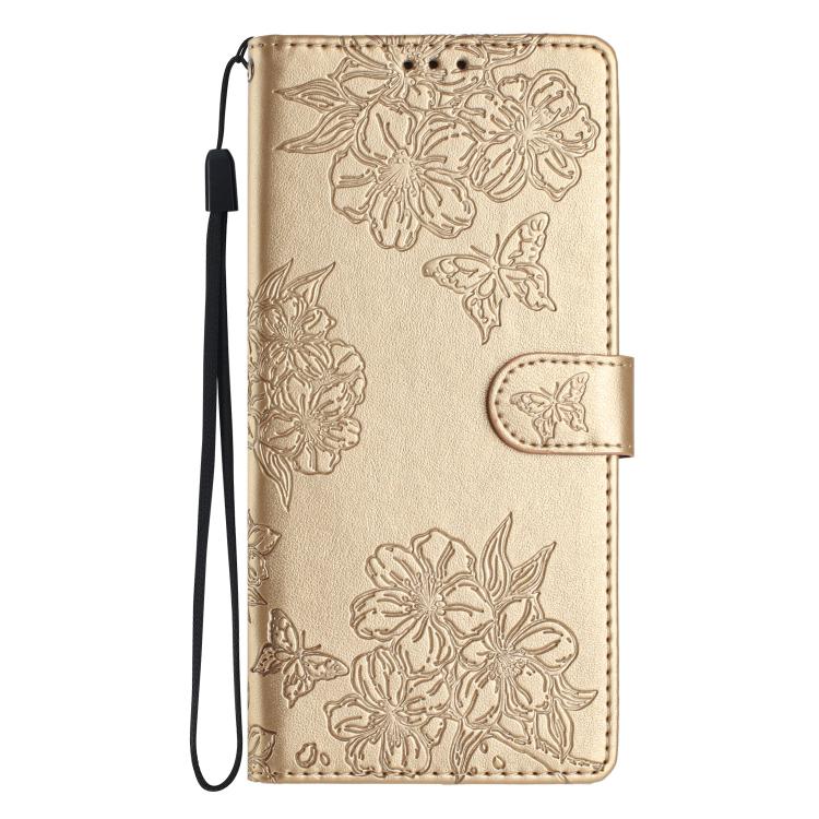 For iPhone 16e Cherry Blossom Butterfly Skin Feel Embossed PU Phone Case(Gold) by bashfashion