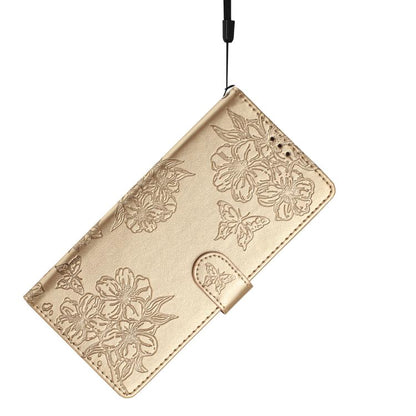 For iPhone 16e Cherry Blossom Butterfly Skin Feel Embossed PU Phone Case(Gold) by bashfashion