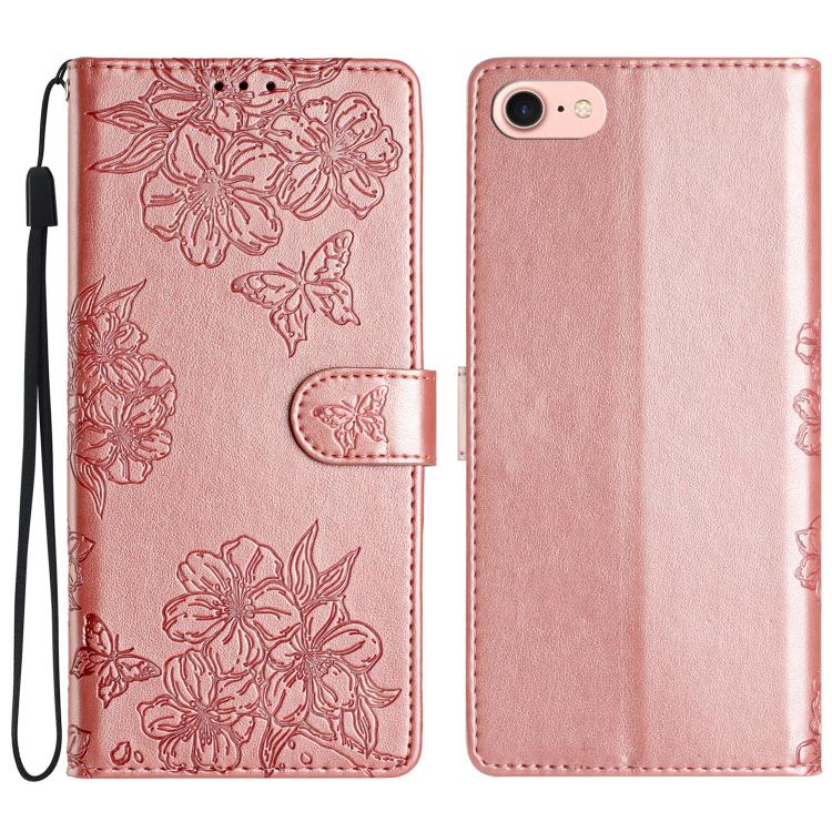 For iPhone 16e Cherry Blossom Butterfly Skin Feel Embossed PU Phone Case(Rose Gold) by bashfashion
