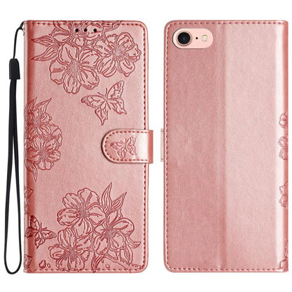 For iPhone 16e Cherry Blossom Butterfly Skin Feel Embossed PU Phone Case(Rose Gold) by bashfashion