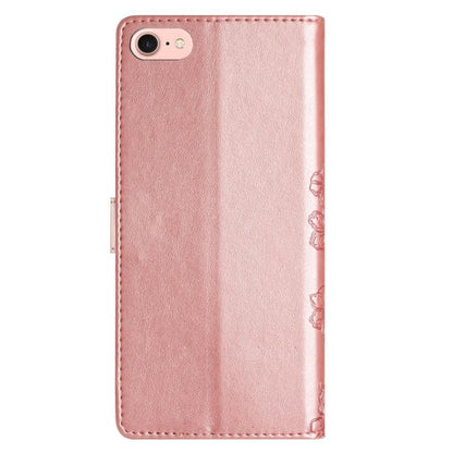 For iPhone 16e Cherry Blossom Butterfly Skin Feel Embossed PU Phone Case(Rose Gold) by bashfashion