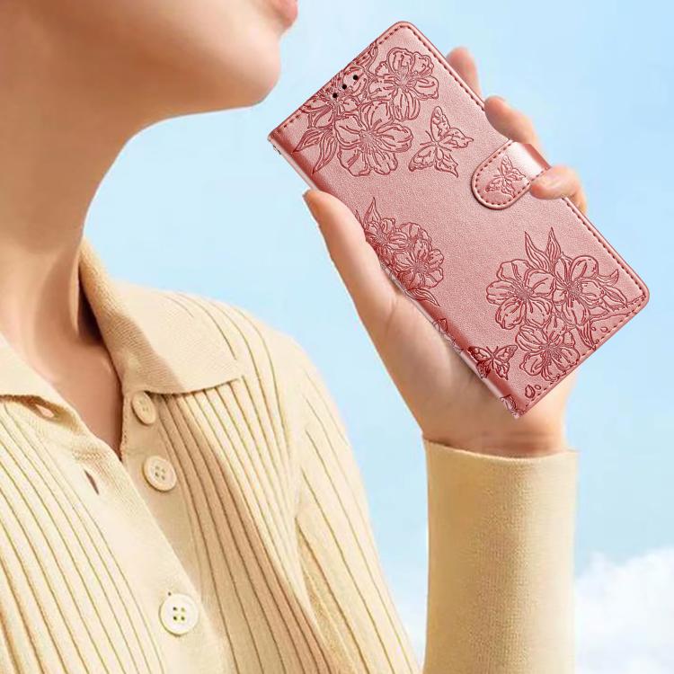 For iPhone 16e Cherry Blossom Butterfly Skin Feel Embossed PU Phone Case(Rose Gold) by bashfashion