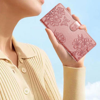For iPhone 16e Cherry Blossom Butterfly Skin Feel Embossed PU Phone Case(Rose Gold) by bashfashion