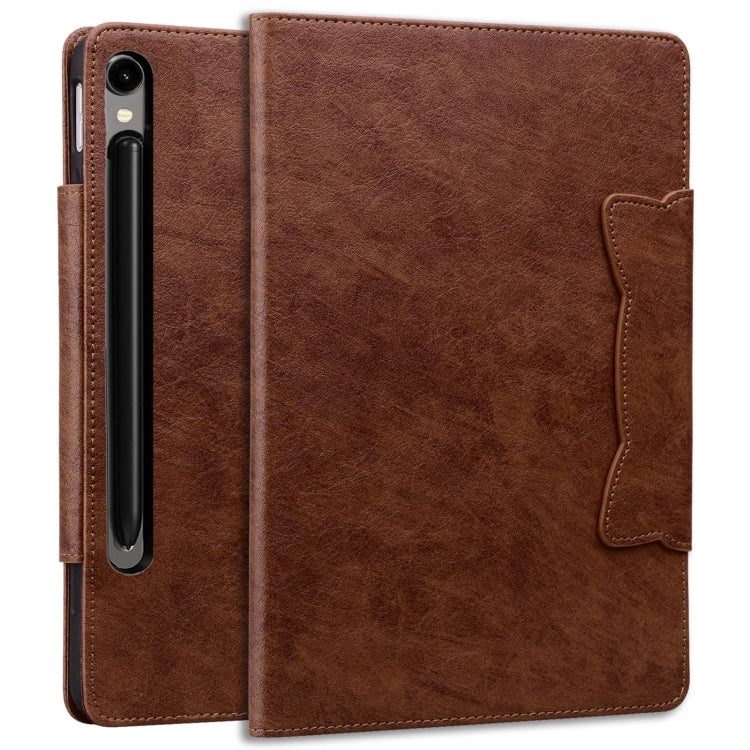 For Samsung Galaxy Tab S11/S10 Lite/S9 FE/S9/S8 Cat Buckle Leather Smart Tablet Case(Brown) by bashfashion