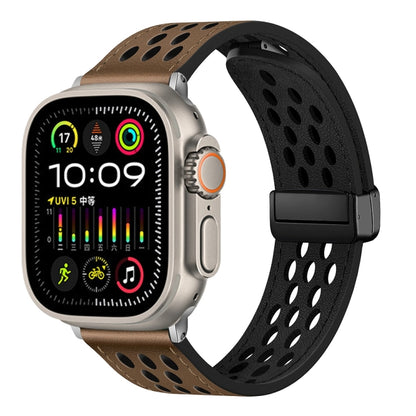 For Apple Watch Ultra 49mm Hole Style Folding Buckle PU Leather Watch Band(Taupe) by bashfashion