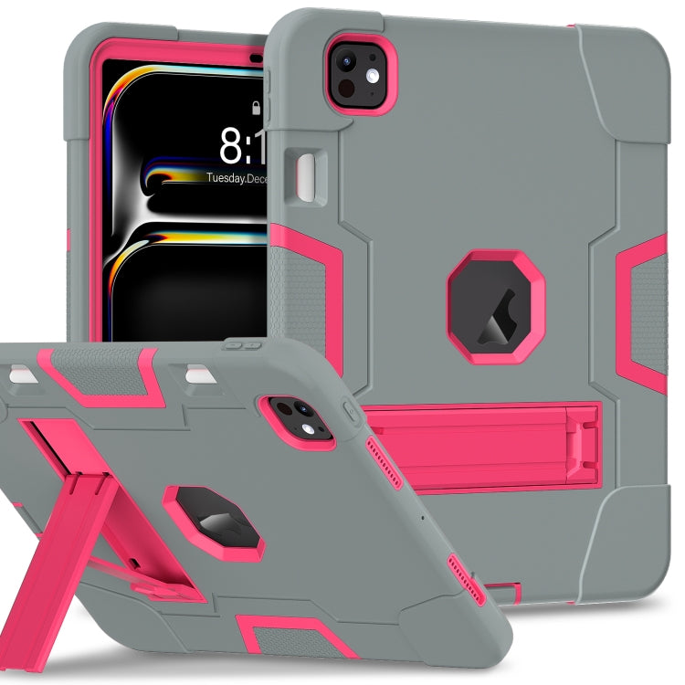 For iPad Pro 11 2025 / 2024 Contrast Color Silicone Acrylic PC Tablet Case with Holder(Grey Rose Red) by bashfashion