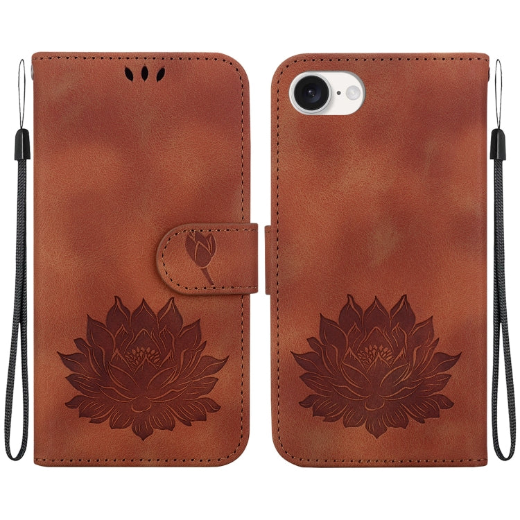 For iPhone 16e Lotus Embossed Leather Phone Case(Brown) by bashfashion