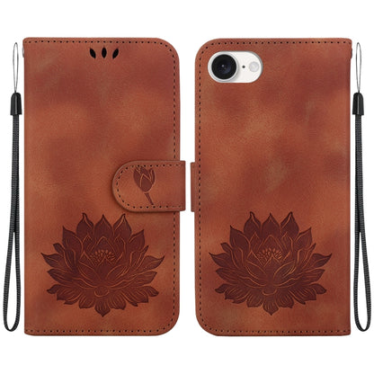 For iPhone 16e Lotus Embossed Leather Phone Case(Brown) by bashfashion