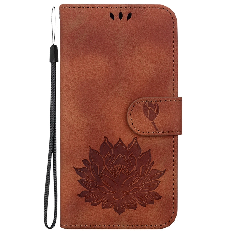 For iPhone 16e Lotus Embossed Leather Phone Case(Brown) by bashfashion