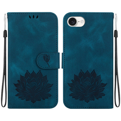 For iPhone 16e Lotus Embossed Leather Phone Case(Dark Blue) by bashfashion