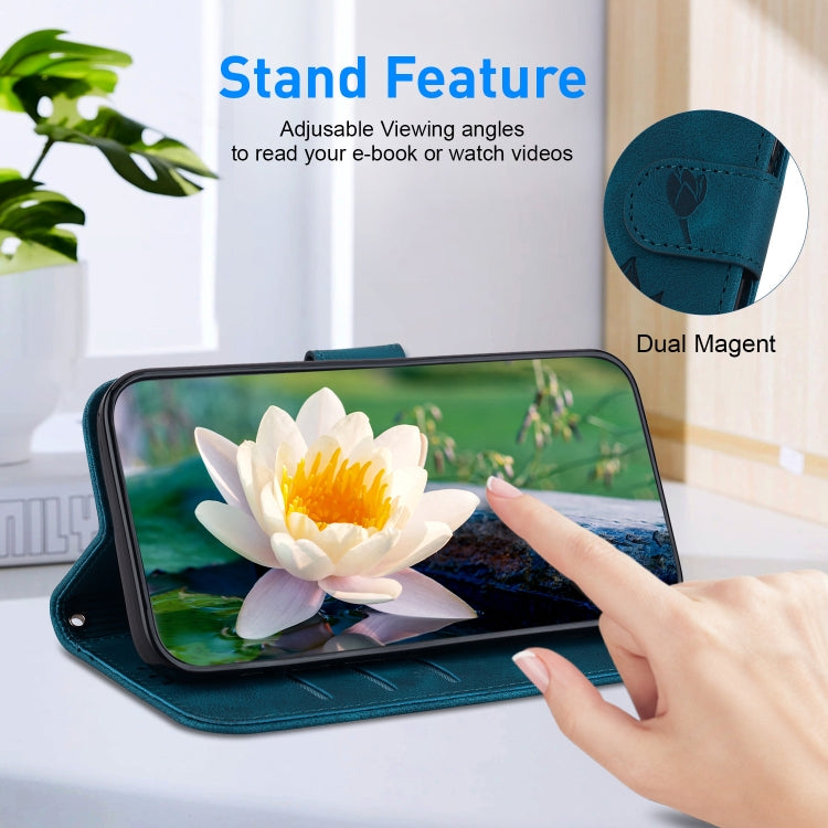 For iPhone 16e Lotus Embossed Leather Phone Case(Dark Blue) by bashfashion