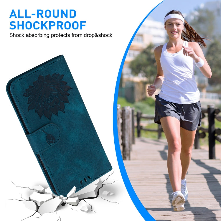 For iPhone 16e Lotus Embossed Leather Phone Case(Dark Blue) by bashfashion