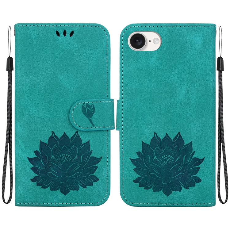 For iPhone 16e Lotus Embossed Leather Phone Case(Green) by bashfashion