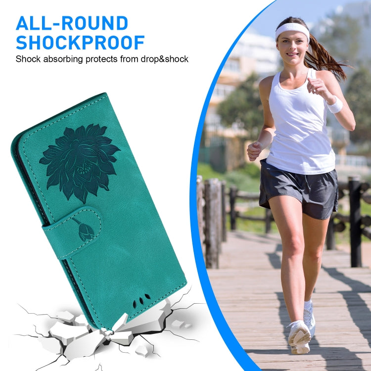 For iPhone 16e Lotus Embossed Leather Phone Case(Green) by bashfashion