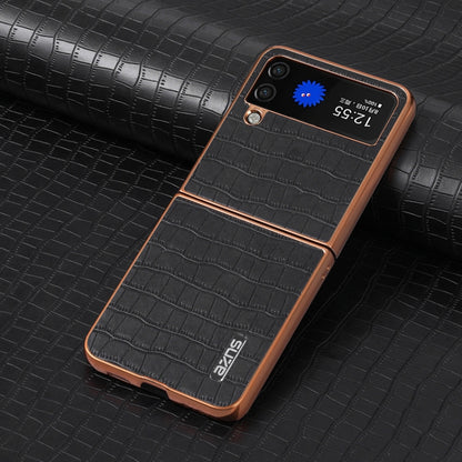 For Samsung Galaxy Z Flip4 5G AZNS Electroplated Frame Crocodile Texture Full Coverage Phone Case(Black) by AZNS