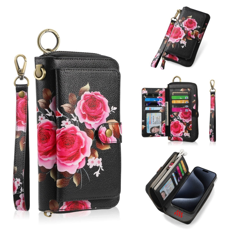 For iPhone 15 Pro Max POLA MagSafe Flower Multi-functional Zipper Wallet Leather Phone Case(Black) by bashfashion