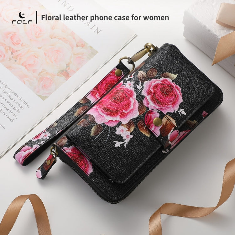 For iPhone 15 Pro Max POLA MagSafe Flower Multi-functional Zipper Wallet Leather Phone Case(Black) by bashfashion