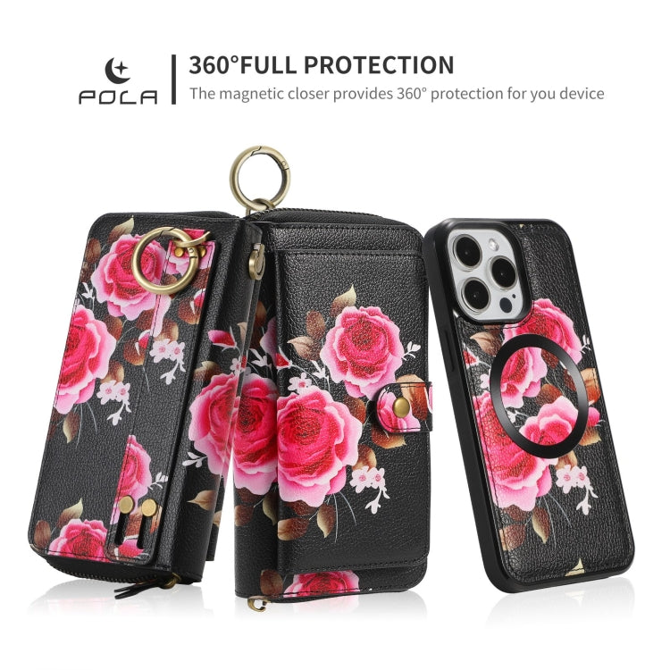 For iPhone 15 Pro Max POLA MagSafe Flower Multi-functional Zipper Wallet Leather Phone Case(Black) by bashfashion