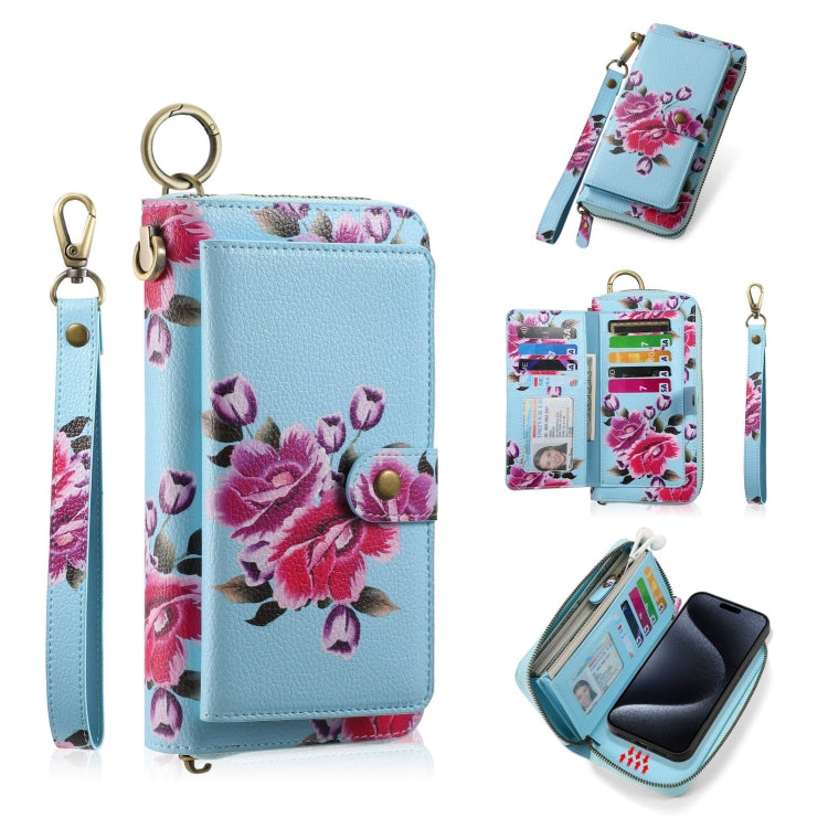 For iPhone 15 Pro Max POLA MagSafe Flower Multi-functional Zipper Wallet Leather Phone Case(Sky Blue) by bashfashion
