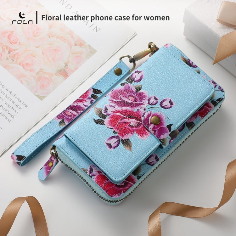 For iPhone 15 Pro Max POLA MagSafe Flower Multi-functional Zipper Wallet Leather Phone Case(Sky Blue) by bashfashion