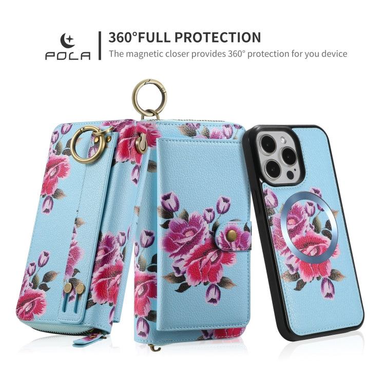 For iPhone 15 Pro Max POLA MagSafe Flower Multi-functional Zipper Wallet Leather Phone Case(Sky Blue) by bashfashion