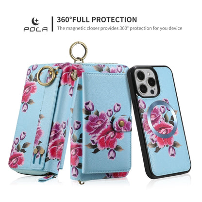 For iPhone 15 Pro Max POLA MagSafe Flower Multi-functional Zipper Wallet Leather Phone Case(Sky Blue) by bashfashion