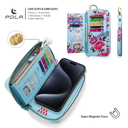 For iPhone 15 Pro Max POLA MagSafe Flower Multi-functional Zipper Wallet Leather Phone Case(Sky Blue) by bashfashion