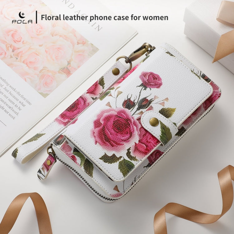 For iPhone 15 Pro Max POLA MagSafe Flower Multi-functional Zipper Wallet Leather Phone Case(Beige) by bashfashion