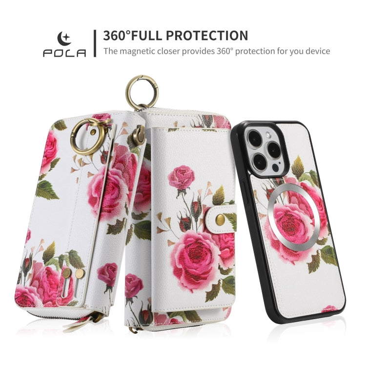 For iPhone 15 Pro Max POLA MagSafe Flower Multi-functional Zipper Wallet Leather Phone Case(Beige) by bashfashion