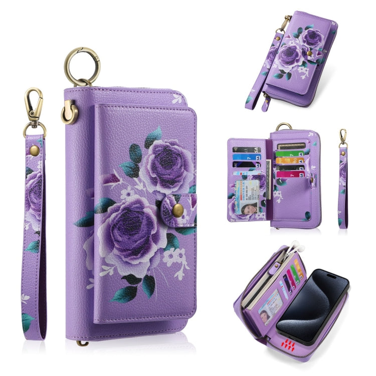 For iPhone 15 Pro POLA MagSafe Flower Multi-functional Zipper Wallet Leather Phone Case(Purple) by bashfashion