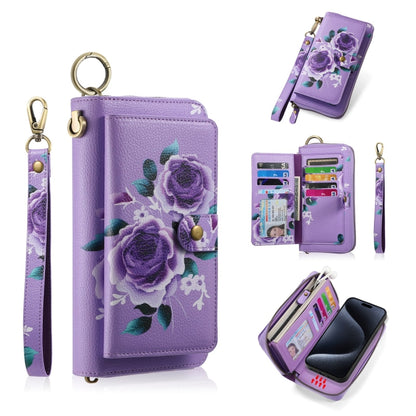 For iPhone 15 Pro POLA MagSafe Flower Multi-functional Zipper Wallet Leather Phone Case(Purple) by bashfashion
